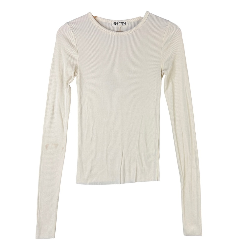 ETERNE Ribbed Long Sleeve Crew Neck Tee Ivory Small Cotton Blend